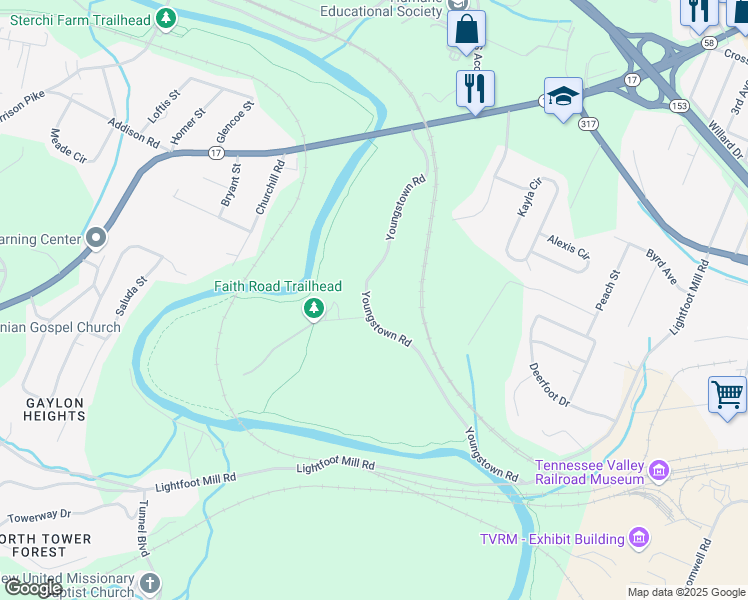map of restaurants, bars, coffee shops, grocery stores, and more near 3836 Youngstown Road in Chattanooga