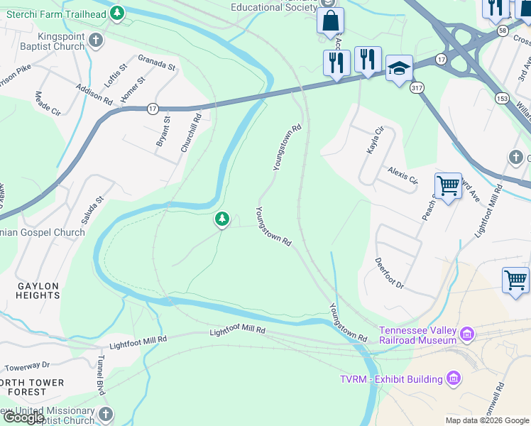 map of restaurants, bars, coffee shops, grocery stores, and more near 3808 Youngstown Road in Chattanooga
