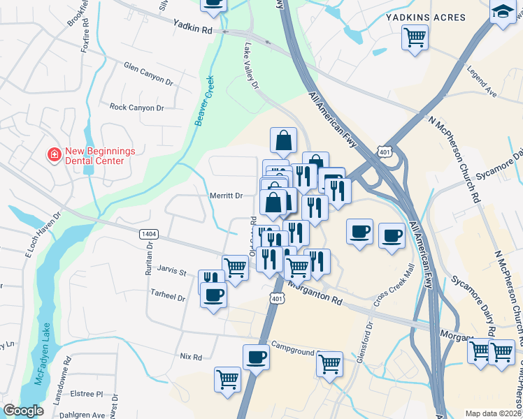 map of restaurants, bars, coffee shops, grocery stores, and more near 123 Hearthstone Drive in Fayetteville
