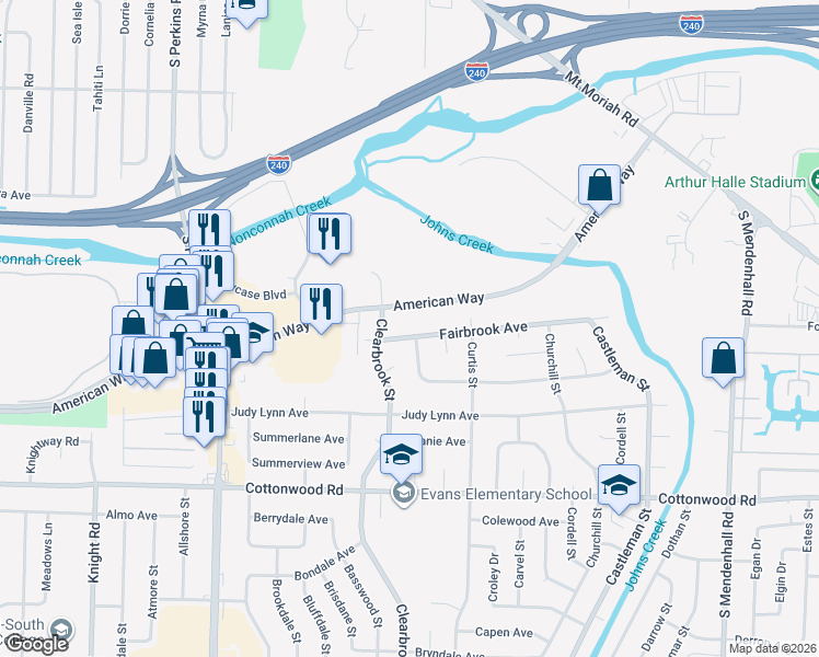 map of restaurants, bars, coffee shops, grocery stores, and more near 4960 Fairbrook Avenue in Memphis