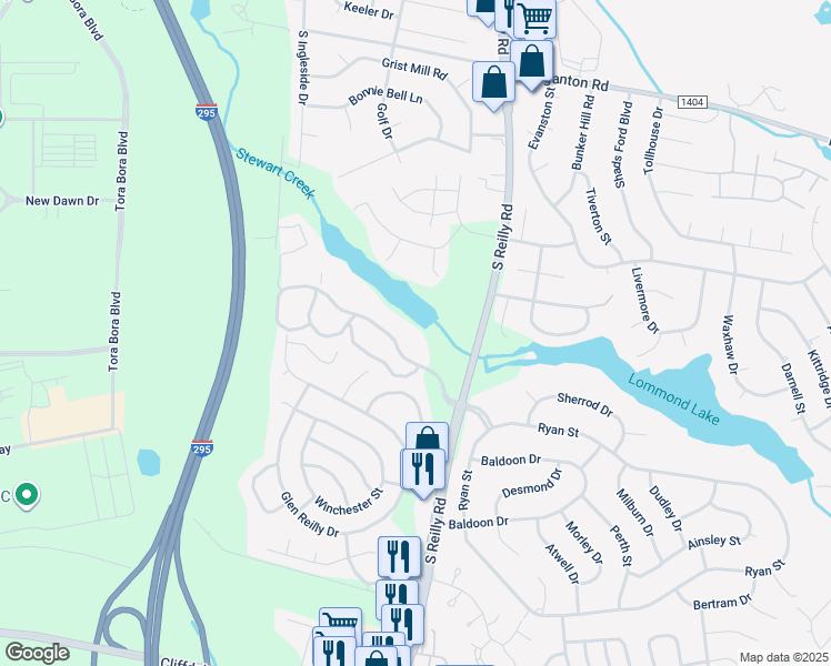 map of restaurants, bars, coffee shops, grocery stores, and more near 6728 Willowbrook Drive in Fayetteville