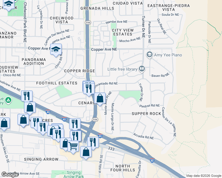 map of restaurants, bars, coffee shops, grocery stores, and more near 431 Monte Alto Place Northeast in Albuquerque