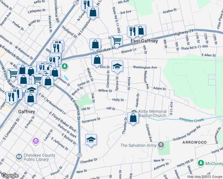 map of restaurants, bars, coffee shops, grocery stores, and more near 505 Willow Street in Gaffney