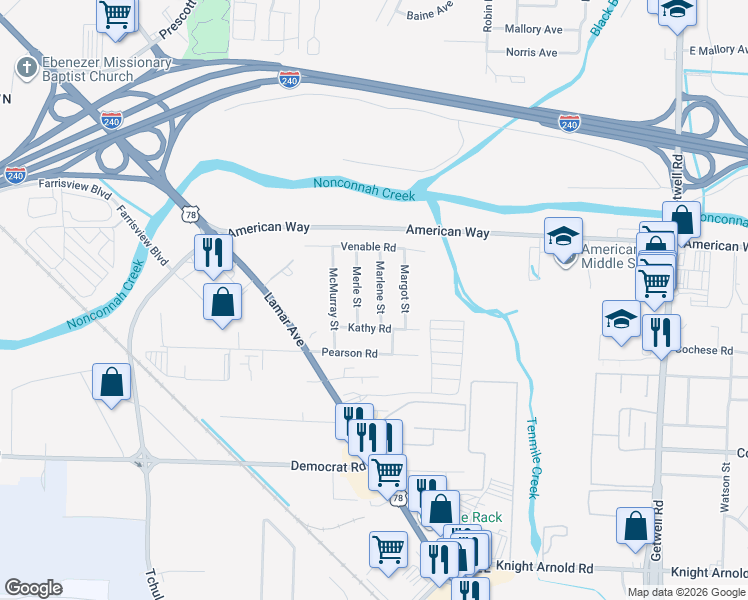 map of restaurants, bars, coffee shops, grocery stores, and more near 2727 Marlene Street in Memphis