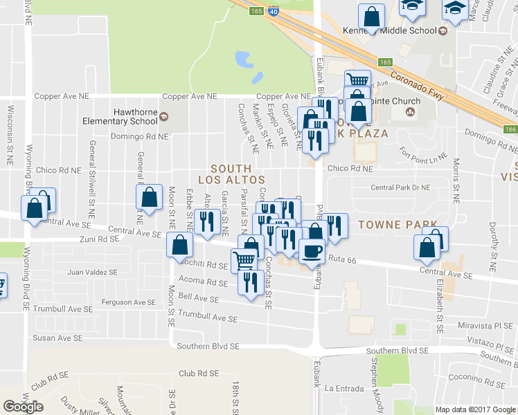 map of restaurants, bars, coffee shops, grocery stores, and more near 143 Conchas Street Northeast in Albuquerque