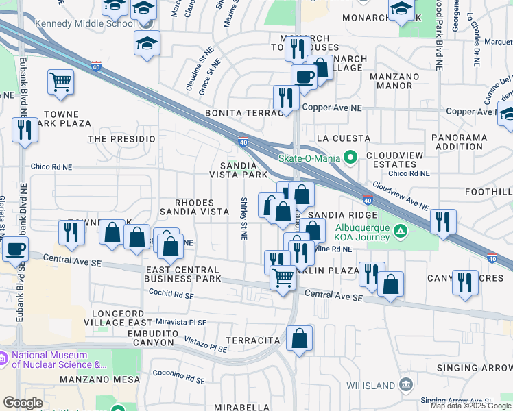 map of restaurants, bars, coffee shops, grocery stores, and more near 416 Shirley Street Northeast in Albuquerque