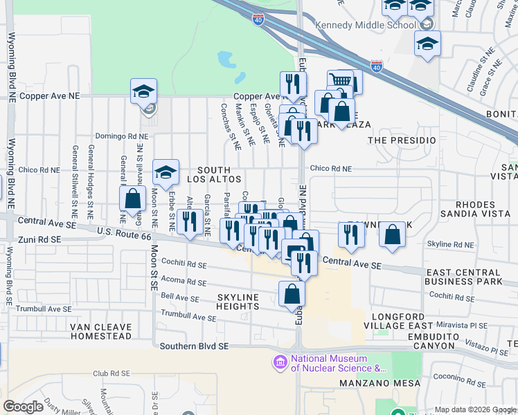 map of restaurants, bars, coffee shops, grocery stores, and more near 144 Espejo Street Northeast in Albuquerque