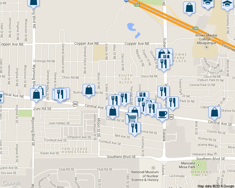 map of restaurants, bars, coffee shops, grocery stores, and more near 134 Altez Street Southeast in Albuquerque
