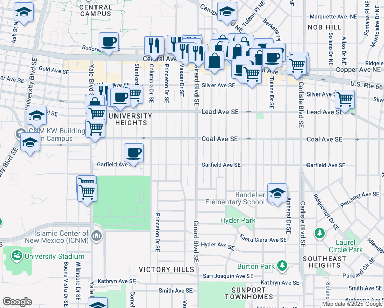 map of restaurants, bars, coffee shops, grocery stores, and more near 413 Girard Boulevard Northeast in Albuquerque