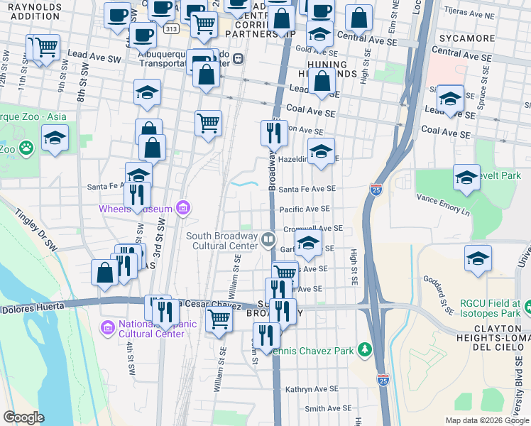 map of restaurants, bars, coffee shops, grocery stores, and more near 900 Broadway Boulevard Southeast in Albuquerque