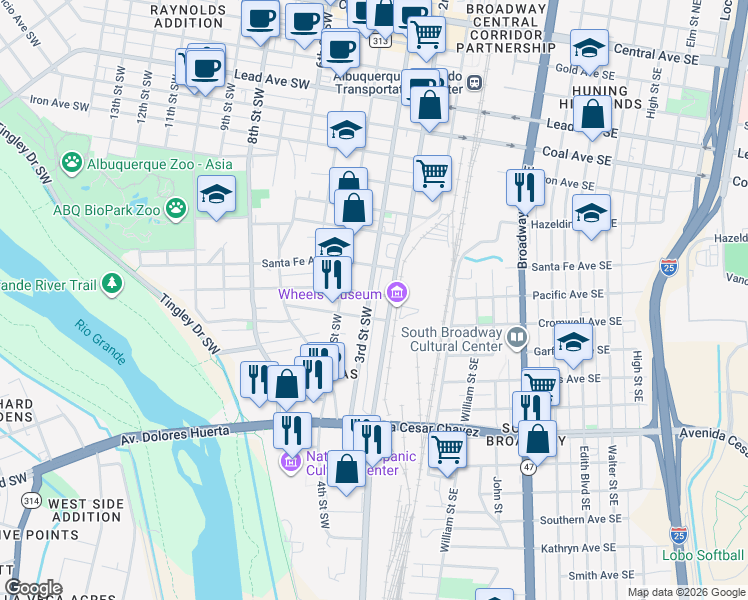 map of restaurants, bars, coffee shops, grocery stores, and more near 1101 2nd Street Southwest in Albuquerque