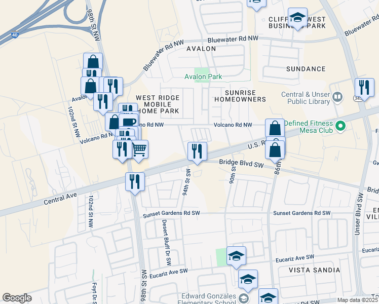 map of restaurants, bars, coffee shops, grocery stores, and more near 9205 Central Avenue Northwest in Albuquerque