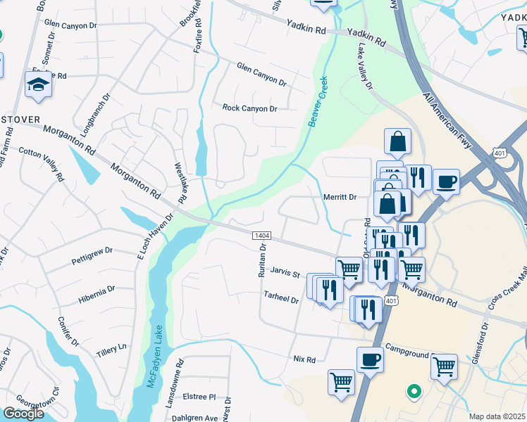 map of restaurants, bars, coffee shops, grocery stores, and more near 5415 Docia Circle in Fayetteville