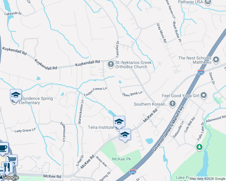 map of restaurants, bars, coffee shops, grocery stores, and more near 5418 Open Book Lane in Charlotte