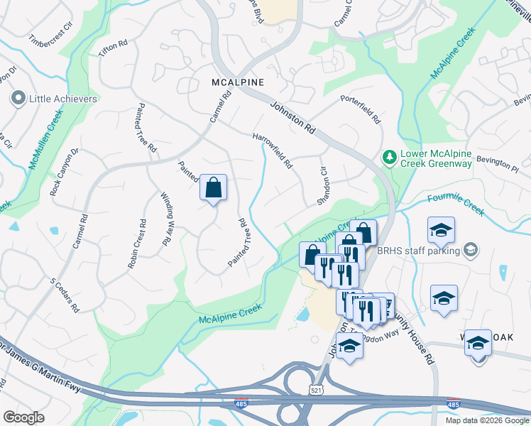 map of restaurants, bars, coffee shops, grocery stores, and more near 7327 Ricewell Road in Charlotte
