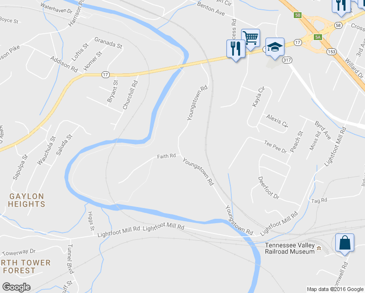 map of restaurants, bars, coffee shops, grocery stores, and more near 3808 Youngstown Road in Chattanooga