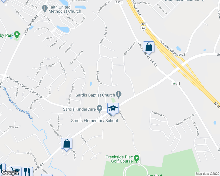 map of restaurants, bars, coffee shops, grocery stores, and more near 4012 Edgeview Drive in Indian Trail