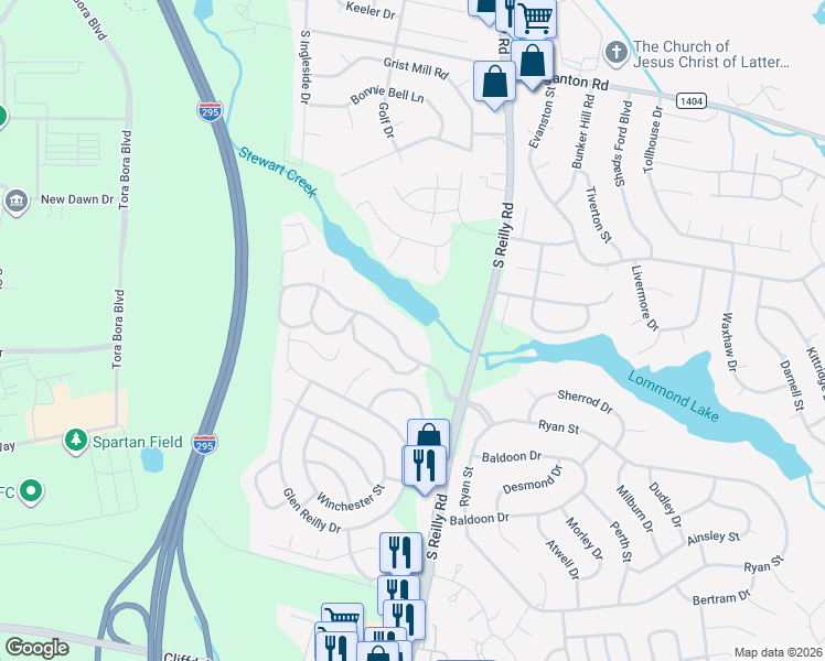 map of restaurants, bars, coffee shops, grocery stores, and more near 6732 Willowbrook Drive in Fayetteville