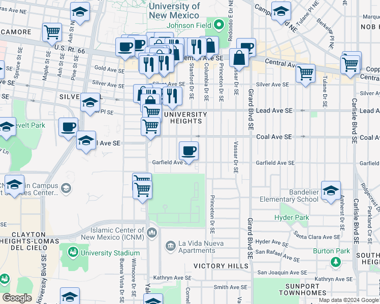 map of restaurants, bars, coffee shops, grocery stores, and more near 415 Stanford Drive Southeast in Albuquerque