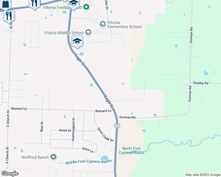map of restaurants, bars, coffee shops, grocery stores, and more near 95 Eagle Street in Vilonia