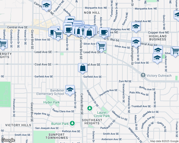 map of restaurants, bars, coffee shops, grocery stores, and more near 413 Hermosa Drive Southeast in Albuquerque