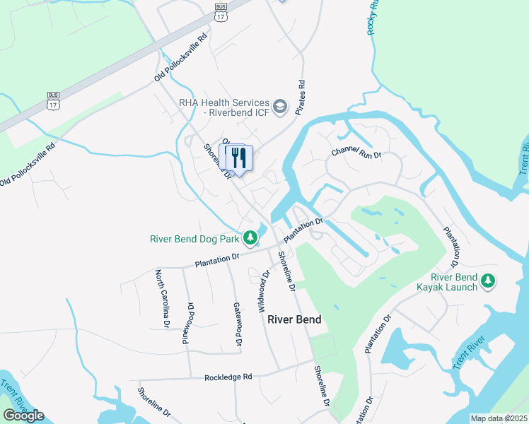 map of restaurants, bars, coffee shops, grocery stores, and more near in New Bern