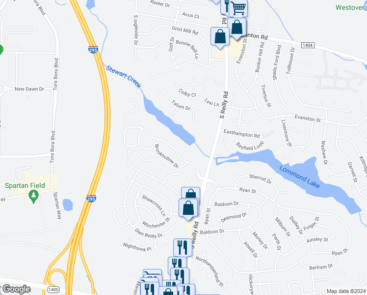 map of restaurants, bars, coffee shops, grocery stores, and more near 6732 Willowbrook Drive in Fayetteville