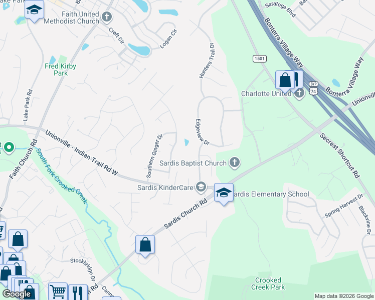 map of restaurants, bars, coffee shops, grocery stores, and more near 3407 Arbor Pointe Drive in Indian Trail