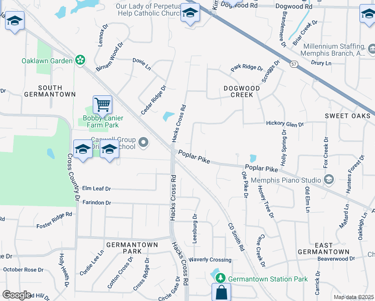 map of restaurants, bars, coffee shops, grocery stores, and more near 8090 Poplar Pike in Germantown