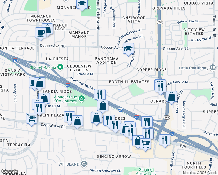 map of restaurants, bars, coffee shops, grocery stores, and more near 12808 Mountain View Avenue Northeast in Albuquerque