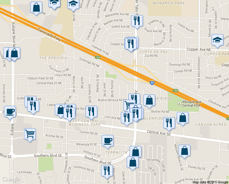 map of restaurants, bars, coffee shops, grocery stores, and more near 416 Shirley St NE in Albuquerque