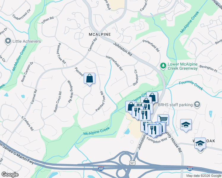 map of restaurants, bars, coffee shops, grocery stores, and more near 7327 Ricewell Road in Charlotte