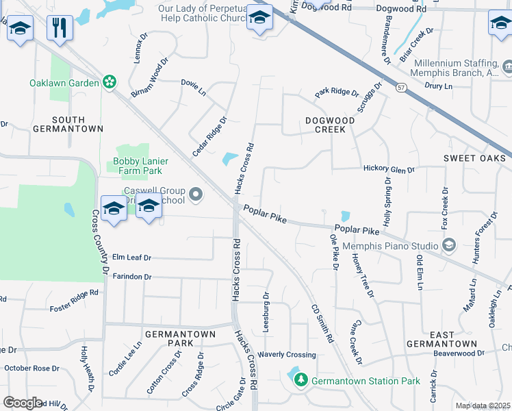 map of restaurants, bars, coffee shops, grocery stores, and more near 8090 Poplar Pike in Germantown