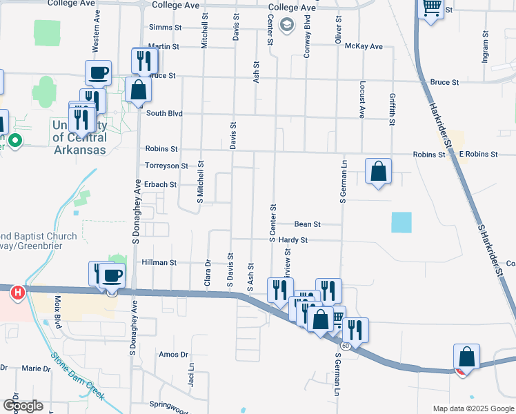 map of restaurants, bars, coffee shops, grocery stores, and more near 280 South Ash Street in Conway