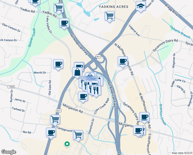 map of restaurants, bars, coffee shops, grocery stores, and more near 660 Cross Creek Mall in Fayetteville