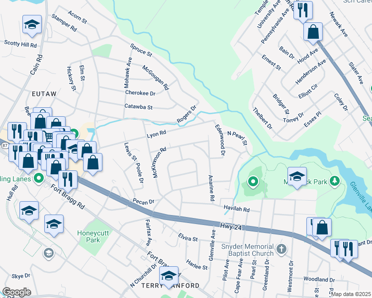 map of restaurants, bars, coffee shops, grocery stores, and more near 1017 McKimmon Road in Fayetteville