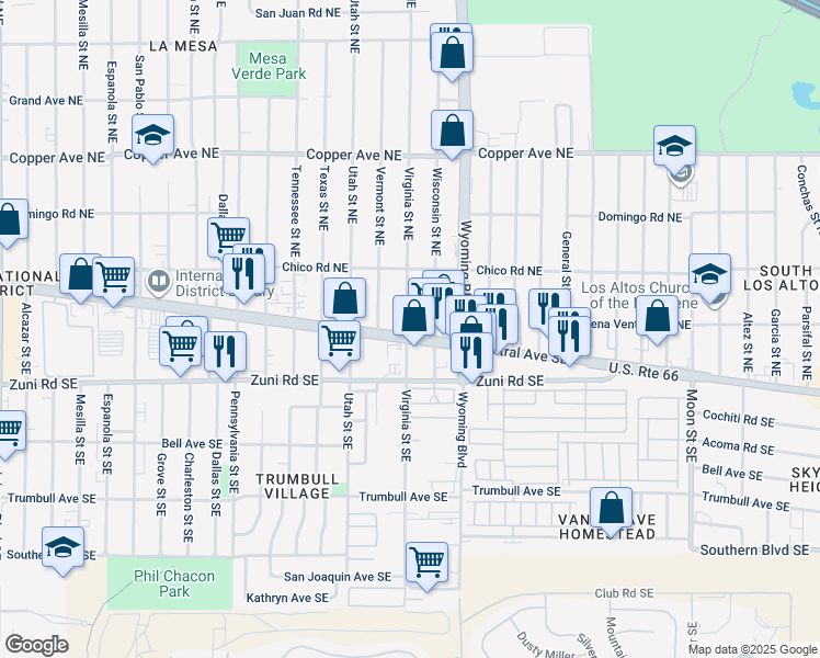 map of restaurants, bars, coffee shops, grocery stores, and more near 8501 Central Avenue Northeast in Albuquerque