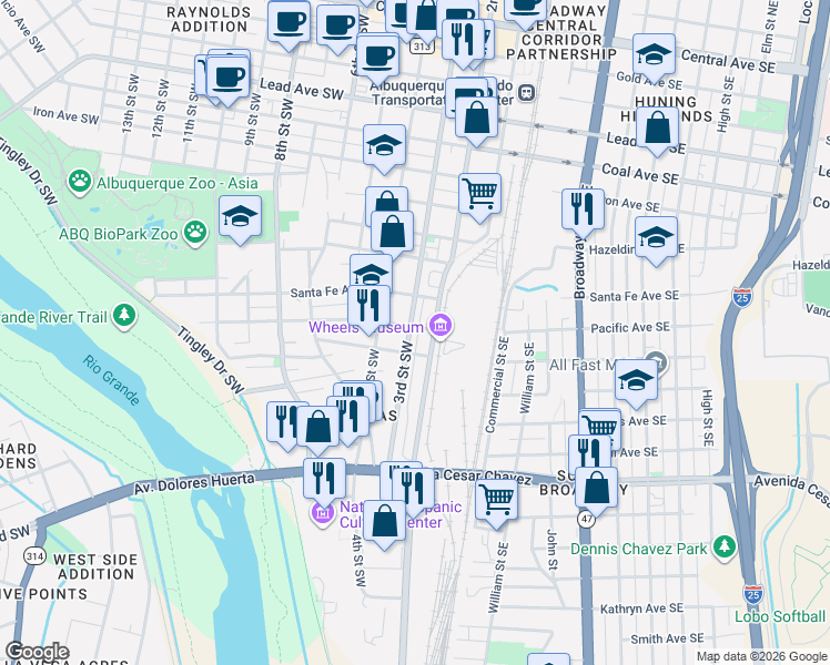 map of restaurants, bars, coffee shops, grocery stores, and more near 1101 2nd Street Southwest in Albuquerque