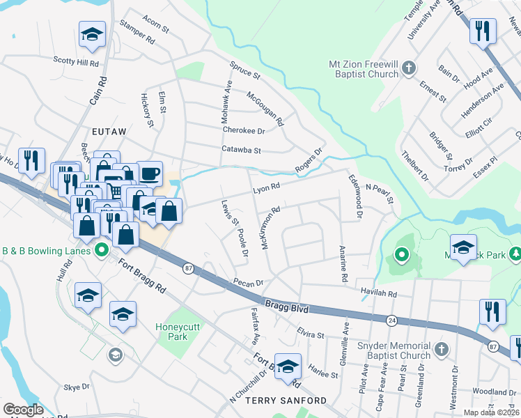 map of restaurants, bars, coffee shops, grocery stores, and more near 945 McKimmon Road in Fayetteville