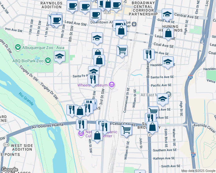 map of restaurants, bars, coffee shops, grocery stores, and more near 1101 2nd Street Southwest in Albuquerque