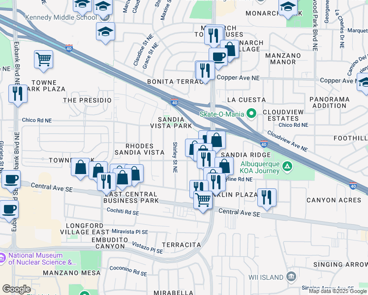 map of restaurants, bars, coffee shops, grocery stores, and more near 416 Shirley Street Northeast in Albuquerque