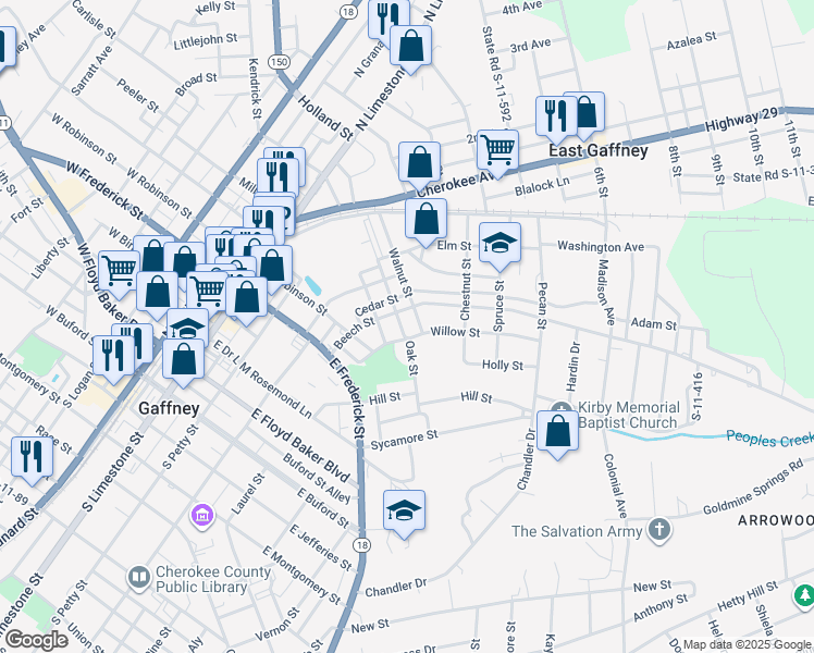 map of restaurants, bars, coffee shops, grocery stores, and more near 5 Oak Street in Gaffney