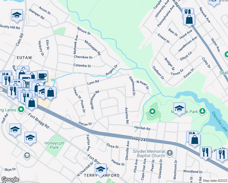 map of restaurants, bars, coffee shops, grocery stores, and more near 1017 McKimmon Rd in Fayetteville