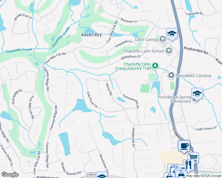 map of restaurants, bars, coffee shops, grocery stores, and more near 6008 Alexa Road in Charlotte