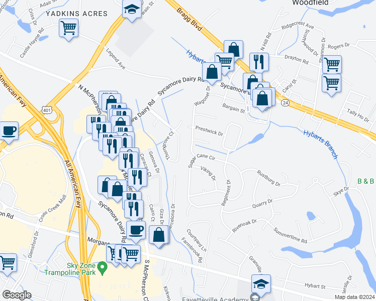 map of restaurants, bars, coffee shops, grocery stores, and more near 305 Wagoner Drive in Fayetteville