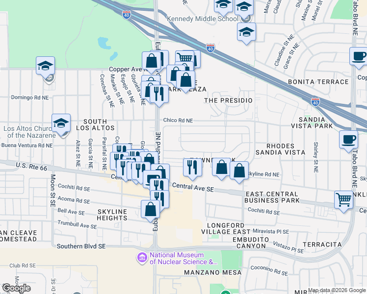 map of restaurants, bars, coffee shops, grocery stores, and more near 10601 Towne Park Drive Northeast in Albuquerque