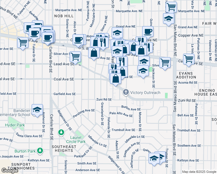 map of restaurants, bars, coffee shops, grocery stores, and more near 426a Valverde Drive Southeast in Albuquerque