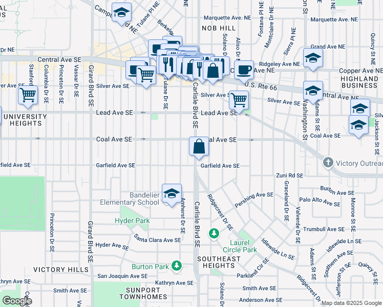 map of restaurants, bars, coffee shops, grocery stores, and more near 413 Carlisle Boulevard Southeast in Albuquerque