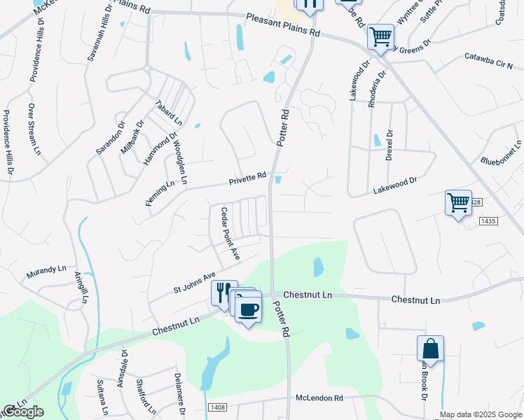 map of restaurants, bars, coffee shops, grocery stores, and more near 2056 Gable Way Lane in Matthews