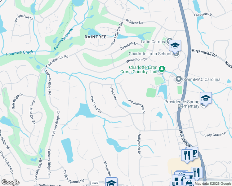 map of restaurants, bars, coffee shops, grocery stores, and more near 6008 Alexa Road in Charlotte